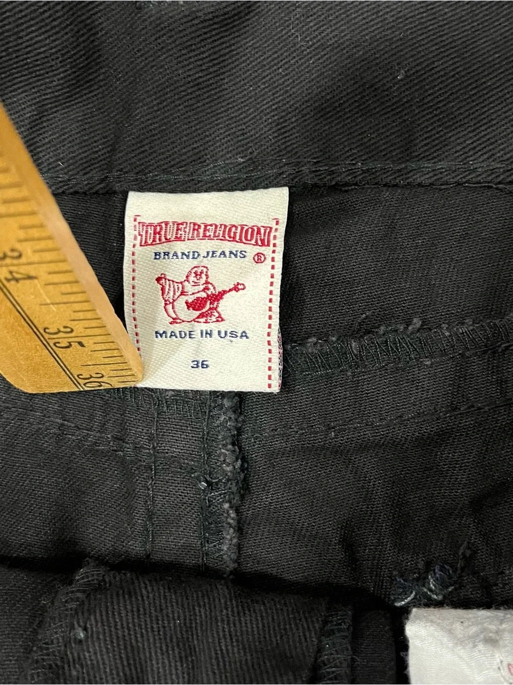 TRUE RELIGION RICKY SUPER T FLAP BLACK JEANS RELAXED STRAIGHT THICK STITCH 36x32